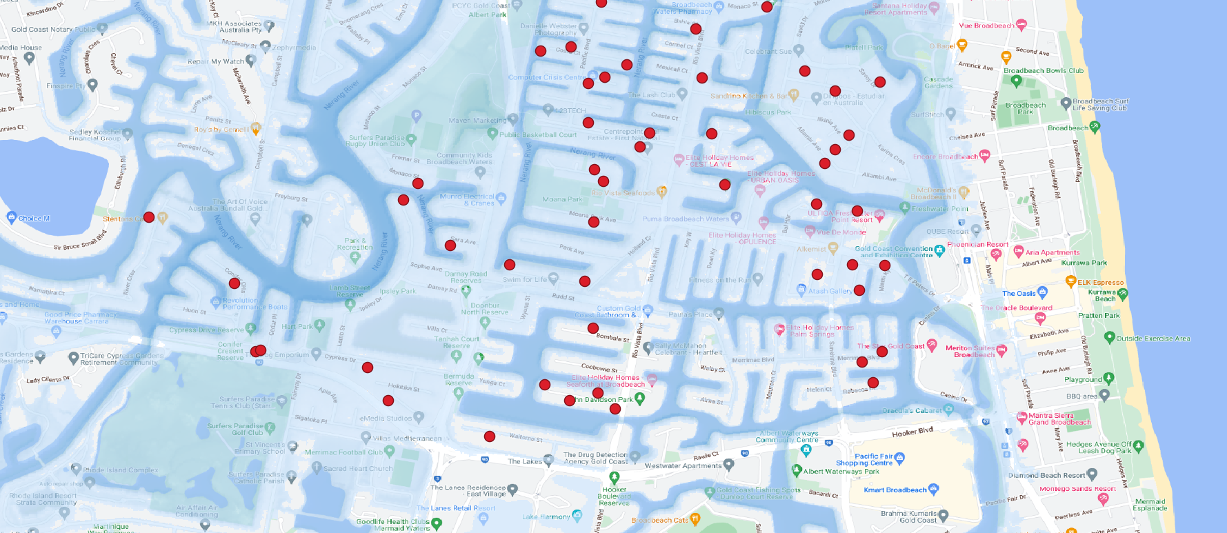 Bank A Property exposures geospatially mapped with flood overlay.